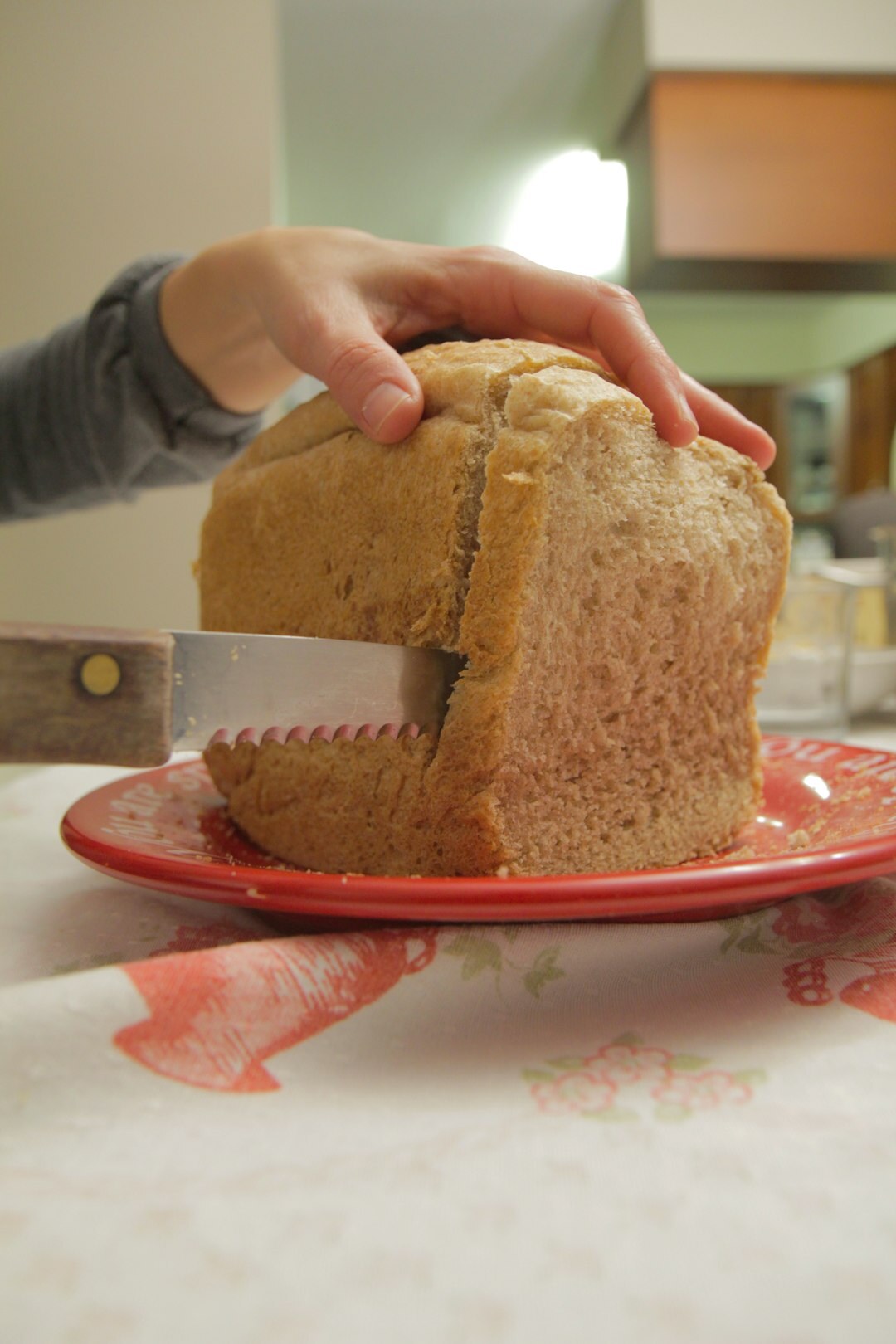 slicing homemade bread