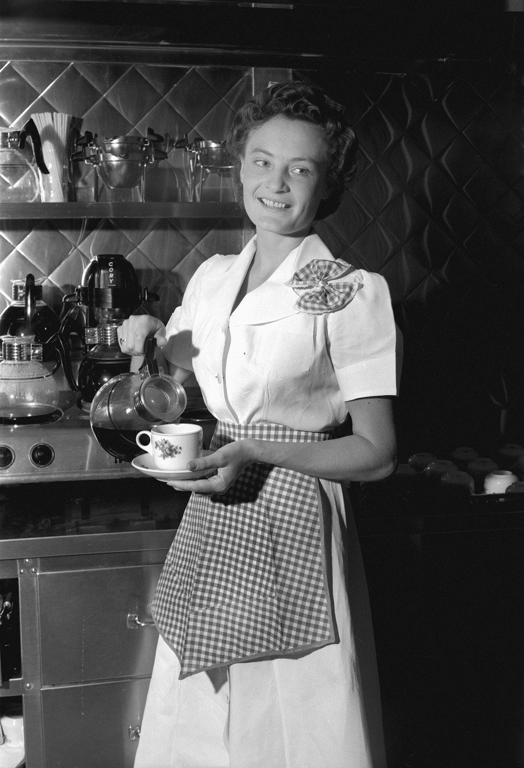 Portrait of a Czech woman in her fifties wearing a linen apron in a home kitchen