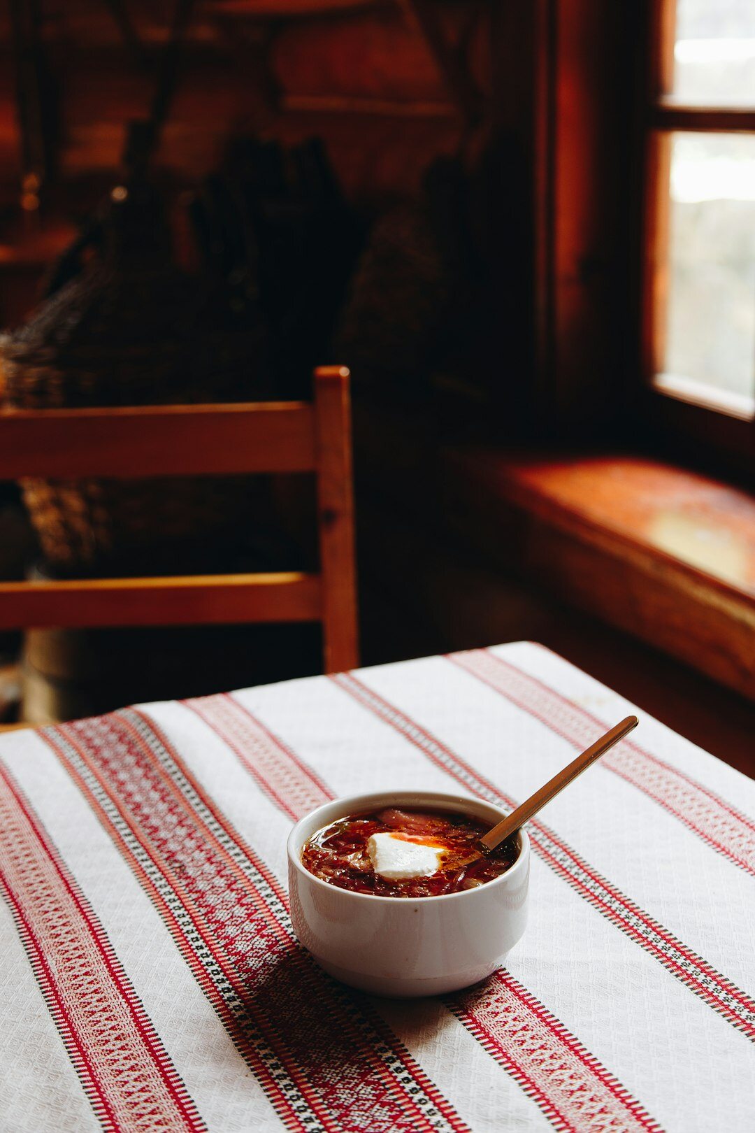 Bowl of Czech beef goulash with bread dumpling